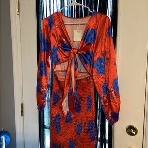 FP To Love Satin Tie-Front Blouse in Red and Blue Floral